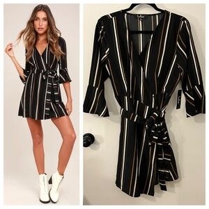 Lulus Women’s Gone to Geneva Striped Mini Wrap Dress Black Brown XL Boho NWT NEW